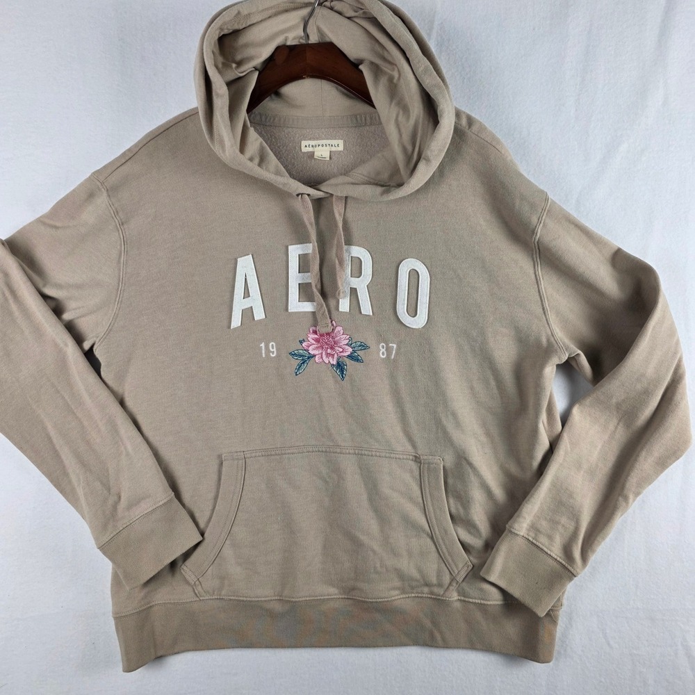 Aeropostale Womens Large Tan AERO 1987 Floral Graphic Fleece Hoodie Sweatshirt